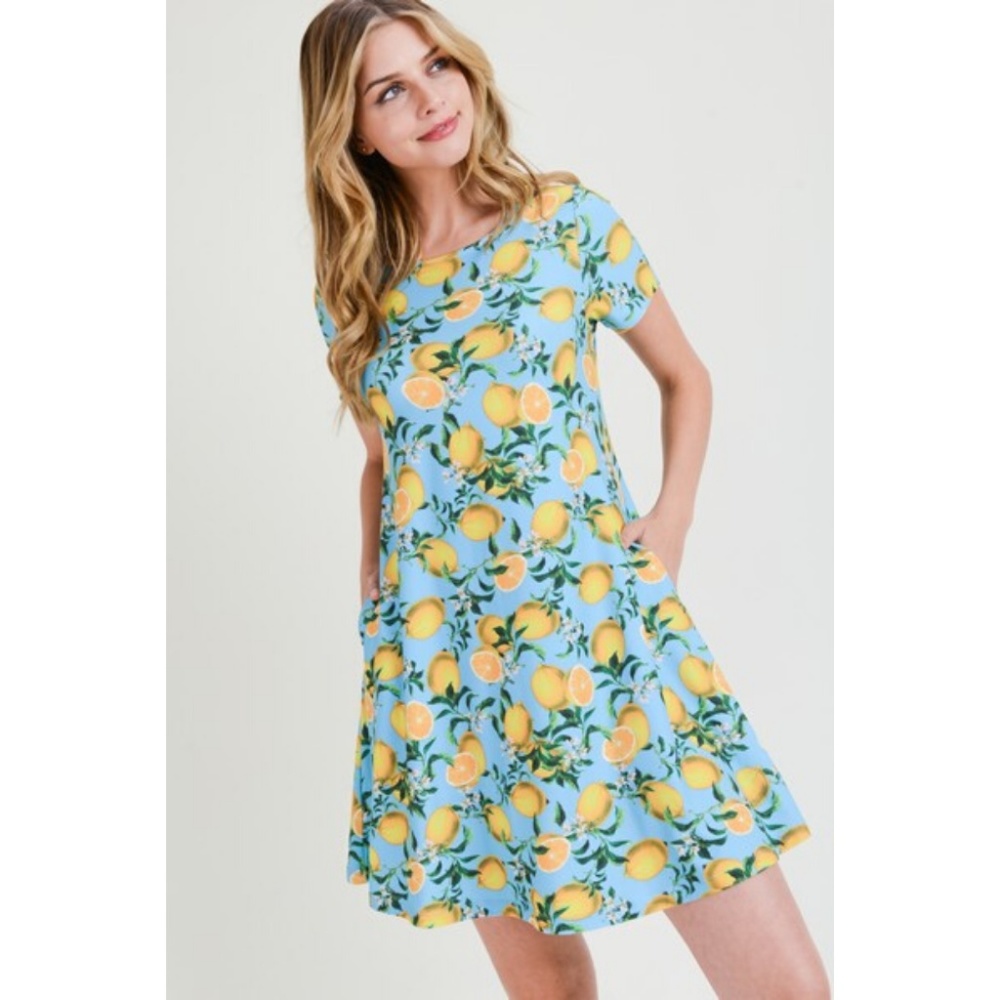 Womens Blue Lemon Print Fit And Flare Summer Dress - Picture 1 of 7